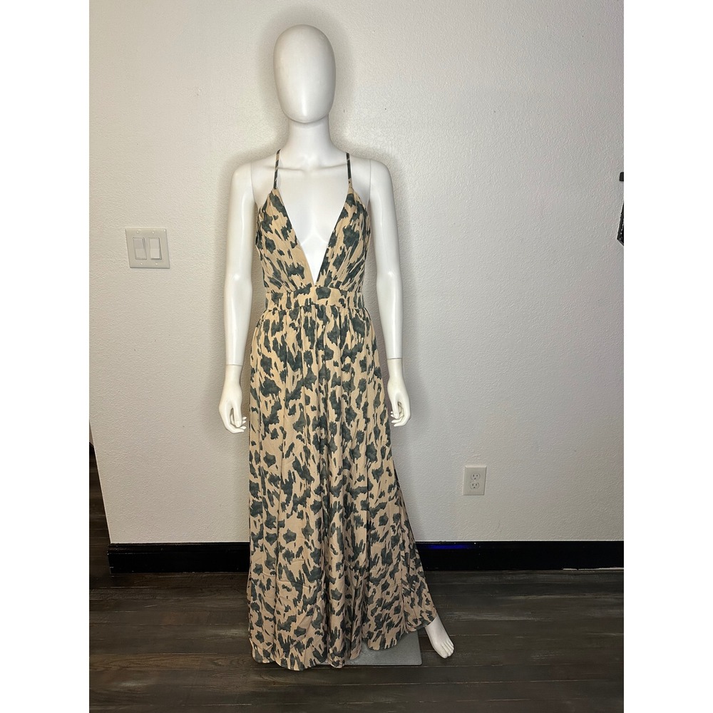 SHEIN Abstract Print Deep V-Neck Maxi Dress Tan Charcoal Crisscross Back